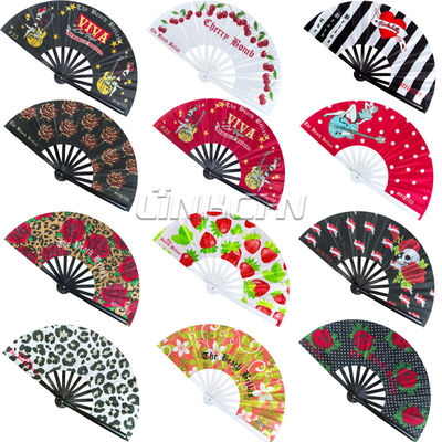 Custom Printed Large 33 cm Portable Painted Design Rave Bamboo Folding Hand Fan for Music Performance Festivals and Parties