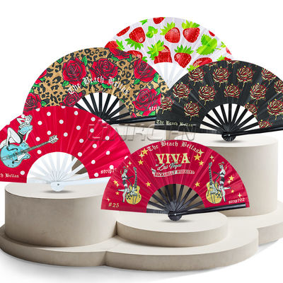 Custom Printed Large 33 cm Portable Painted Design Rave Bamboo Folding Hand Fan for Music Performance Festivals and Parties