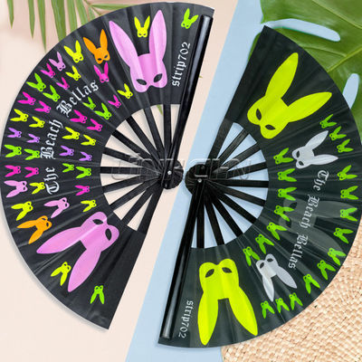 Custom Printed Large 33 cm Portable Painted Design Rave Bamboo Folding Hand Fan for Music Performance Festivals and Parties