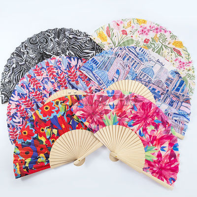 23cm Bamboo Frame Handheld Wooden Fabric Fan Painting Wedding Favors Bulk Wholesale Custom Logo Printed Promotional Souvenir