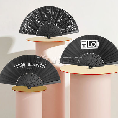Black Plastic Folding Fabric Hand Held Fans Plastic Ribs Custom Printed Folding Hand Fan